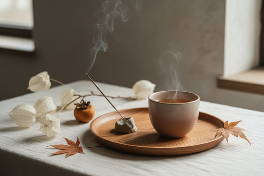 A serene still life of tea and incense on a wooden tray, zen minimalist aesthetic
