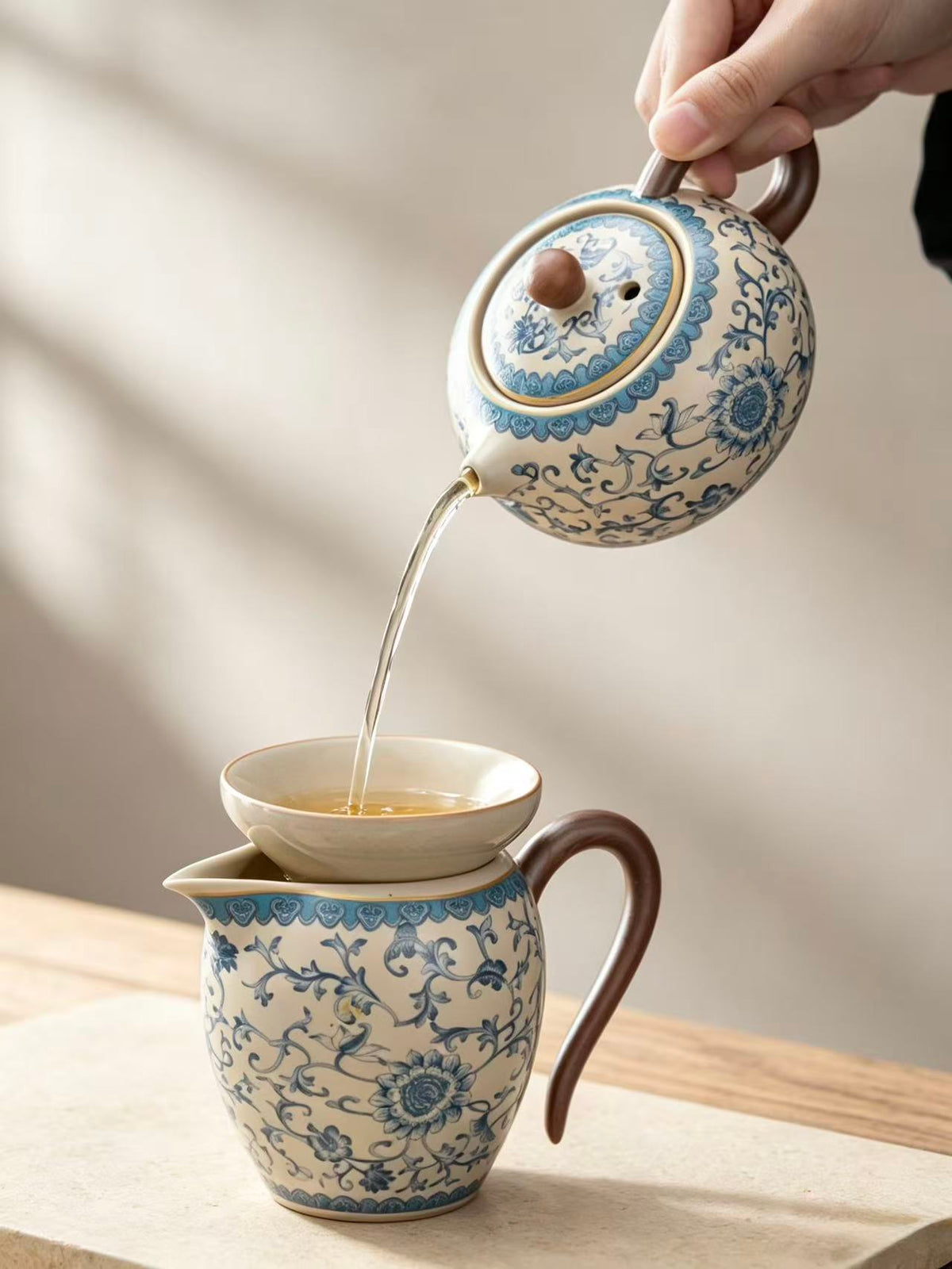 Still Ataraxia yellow Ru Kiln blue and white porcelain tea set, eleven pieces