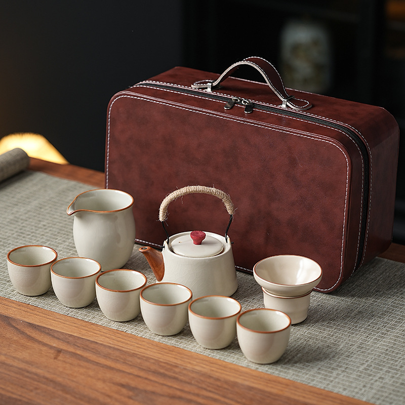 Ru Kiln Side-Handle Teapot Set in Bean Yellow with travel case