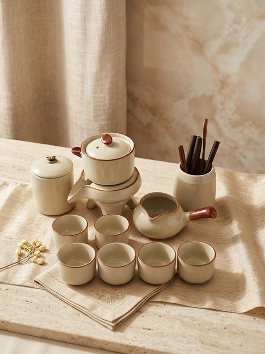 Ru Kiln Stone Mill Tea Set — Automatic Pour, Serves 6