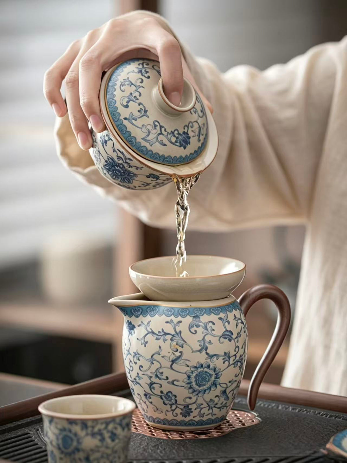 Still Ataraxia yellow Ru Kiln blue and white porcelain tea set, eleven pieces