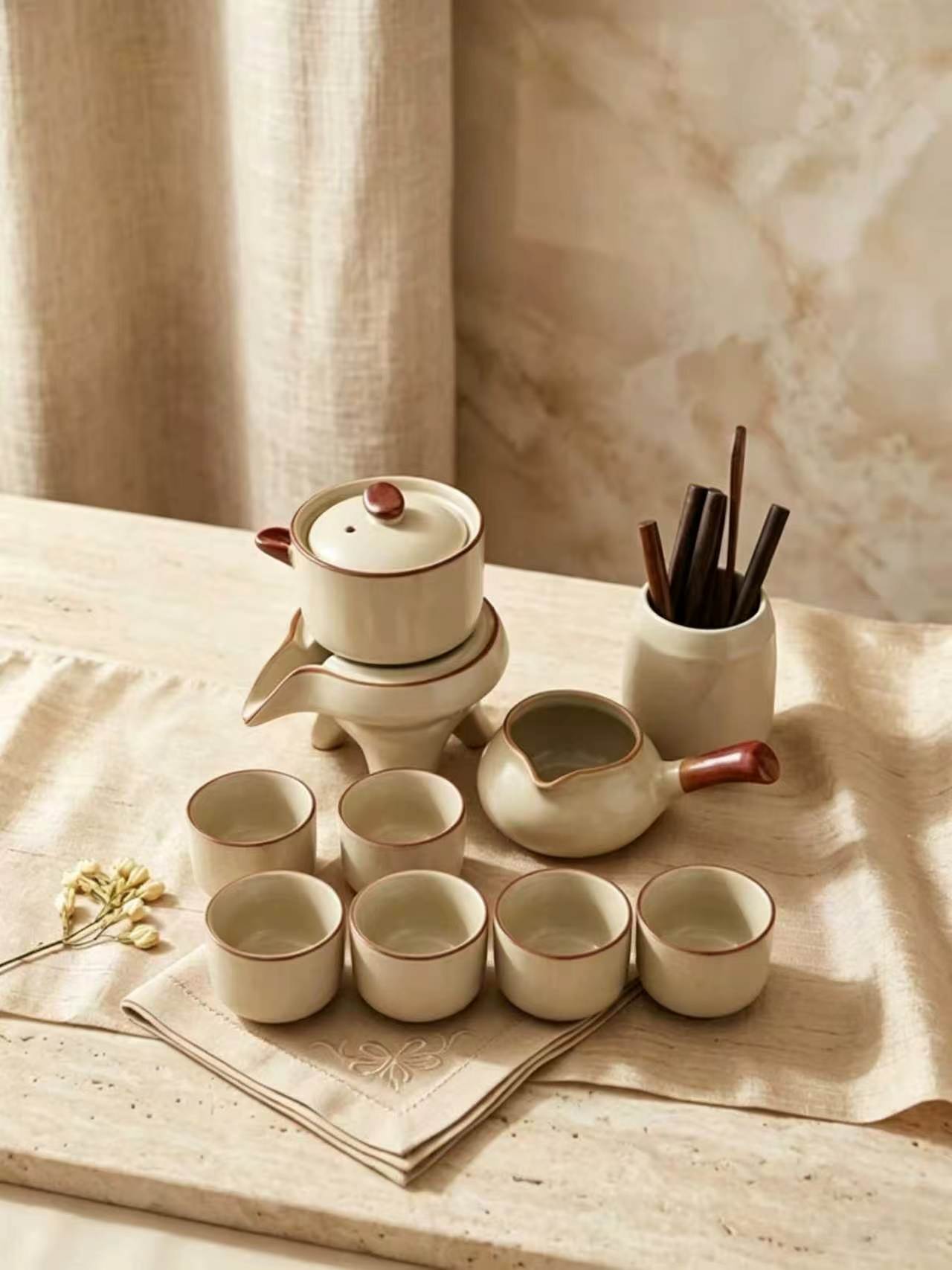 Ru Kiln Stone Mill Tea Set — Automatic Pour, Serves 6