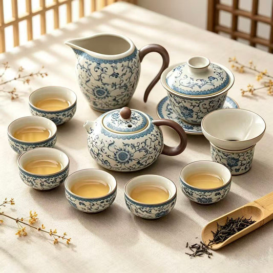 Still Ataraxia yellow Ru Kiln blue and white porcelain tea set, eleven pieces